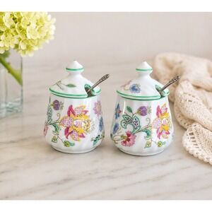 Minton Haddon Hall Bone China Condiment Jars Pots Jam Mustard Set 2 Made England